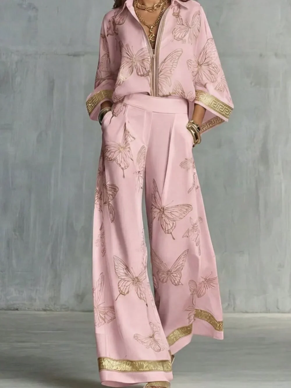 Pink Boho Elegant Women's Print Zip-Up Top & Wide-Leg Pants Set